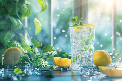 a glass of water with ice and lemons © White