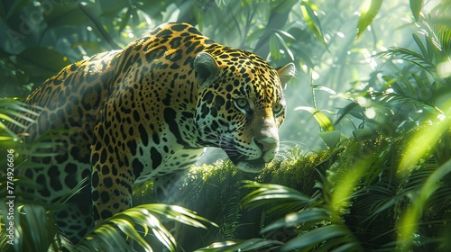 Majestic jaguar roaming in amazon rainforest  photorealistic composition with peaceful bright colors
