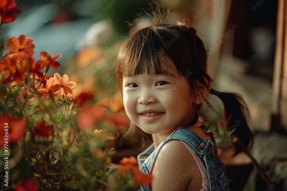Portrait of a cute little asian girl playing in flower garden Portrait of a cute little asian girl playing in flower garden