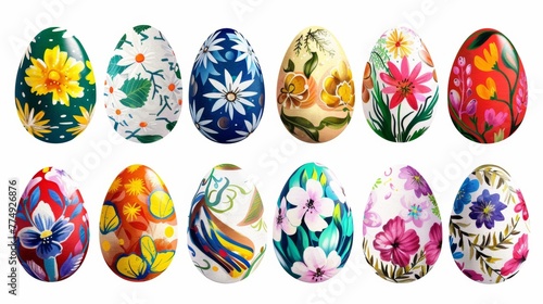 Collection of colourful hand painted decorated easter eggs on white background cutout file. Pattern and floral set. Many different design. Mockup template for artwork design