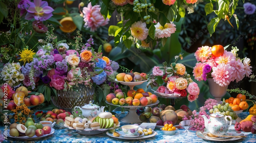 A vibrant fruit tea garden party filled with laughter and conversation, set against a backdrop of cascading floral arrangements, reminiscent of a lively impressionist painting by Pierre-Auguste Renoir