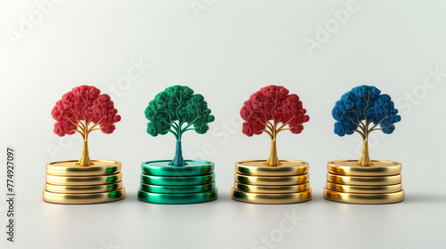 3D coin stack depicting growth with a tree on each stack icon, red, green, blue, gold color