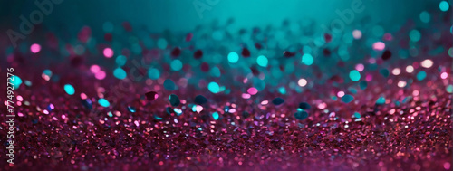 Abstract glitter aquamarine  maroon  fuchsia lights background. De-focused. Banner.