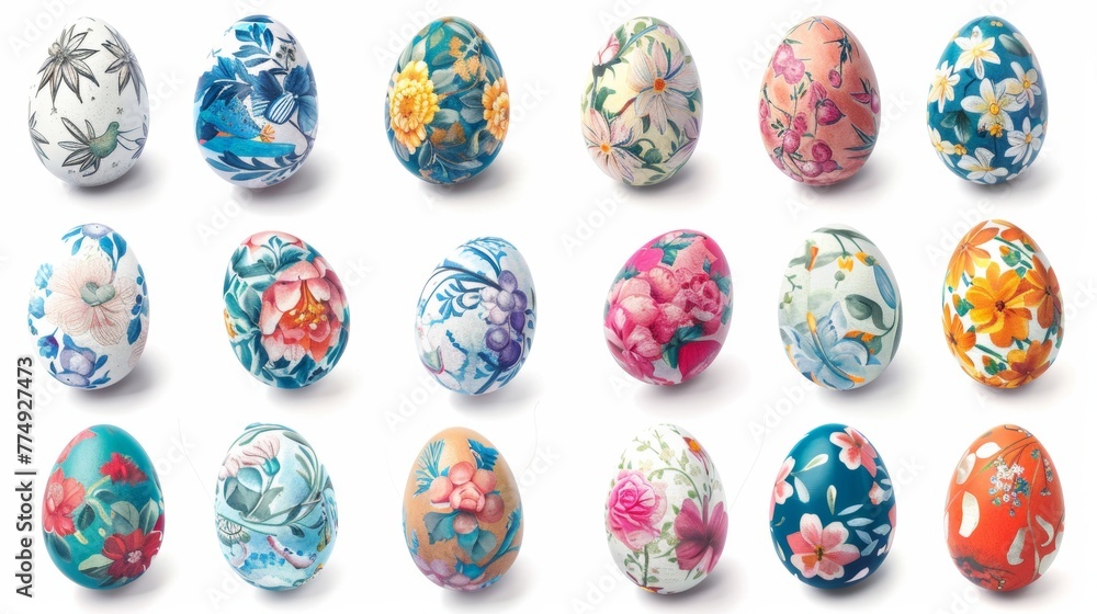 Collection of colourful hand painted decorated easter eggs on white background cutout file. Pattern and floral set. Many different design. Mockup template for artwork design Collection of colourful hand painted decorated easter eggs on white background cutout file. Pattern and floral set. Many different design. Mockup template for artwork design