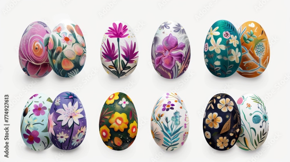 Collection of colourful hand painted decorated easter eggs on white background cutout file. Pattern and floral set. Many different design. Mockup template for artwork design