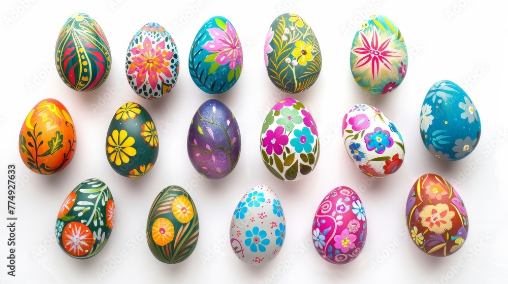 Collection of colourful hand painted decorated easter eggs on white background cutout file. Pattern and floral set. Many different design. Mockup template for artwork design