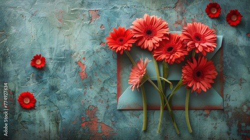 Red Flowers on Blue Wall
