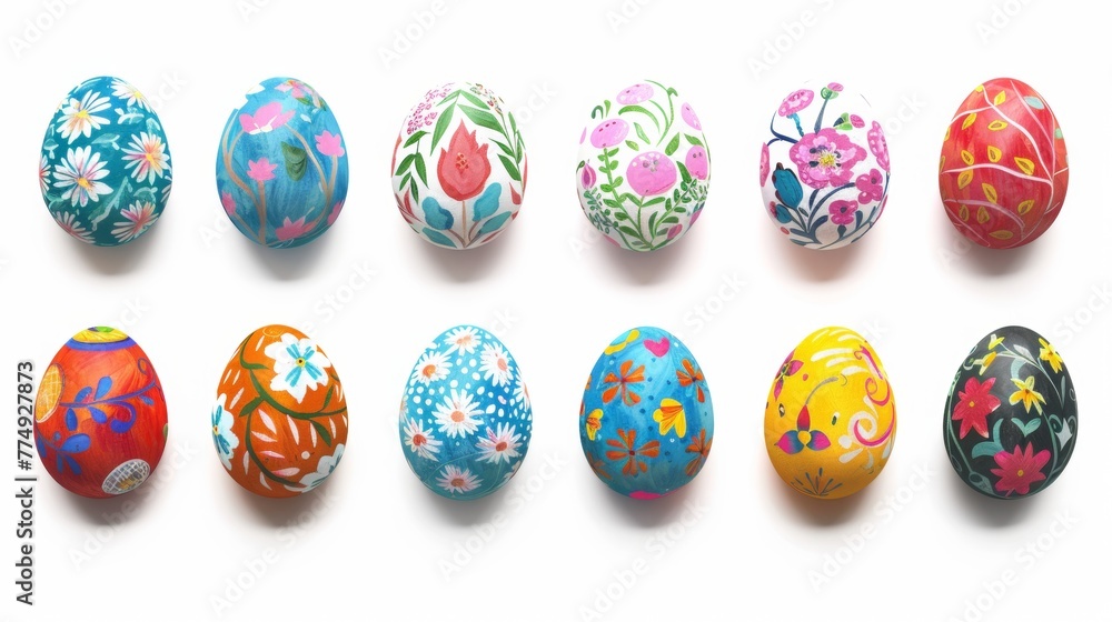 Collection of colourful hand painted decorated easter eggs on white background cutout file. Pattern and floral set. Many different design. Mockup template for artwork design Collection of colourful hand painted decorated easter eggs on white background cutout file. Pattern and floral set. Many different design. Mockup template for artwork design