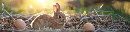 A rabbit sitting in a nest of grass next to two eggs, AI