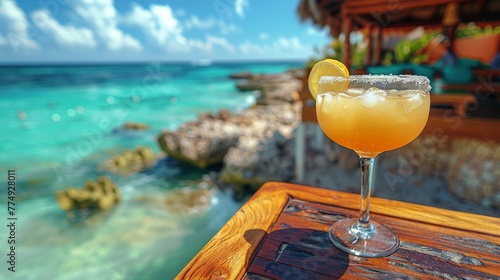 Margarita on Wooden Table by Ocean