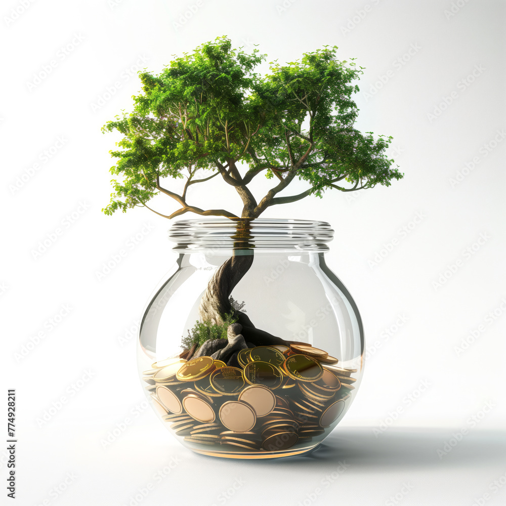 3D tree grows on coins in a glass jar, financial concept, money 3D tree grows on coins in a glass jar, financial concept, money