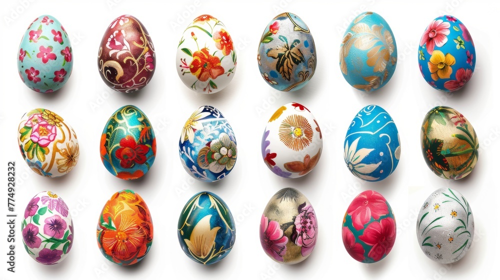 Collection of colourful hand painted decorated easter eggs on white background cutout file. Pattern and floral set. Many different design. Mockup template for artwork design Collection of colourful hand painted decorated easter eggs on white background cutout file. Pattern and floral set. Many different design. Mockup template for artwork design