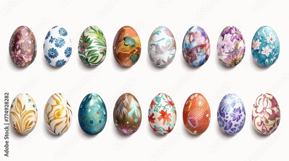 Collection of colourful hand painted decorated easter eggs on white background cutout file. Pattern and floral set. Many different design. Mockup template for artwork design Collection of colourful hand painted decorated easter eggs on white background cutout file. Pattern and floral set. Many different design. Mockup template for artwork design