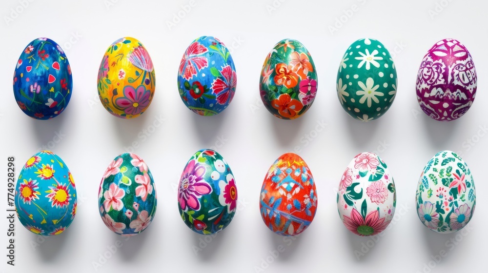 Collection of colourful hand painted decorated easter eggs on white background cutout file. Pattern and floral set. Many different design. Mockup template for artwork design Collection of colourful hand painted decorated easter eggs on white background cutout file. Pattern and floral set. Many different design. Mockup template for artwork design