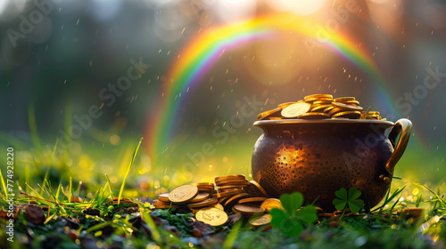 Saint Patrick's Day and Leprechaun's pot of gold coins concept with a rainbow indicating where the leprechaun hid treasure on green with copy space. St Patrick is the patron saint of Ireland: photo