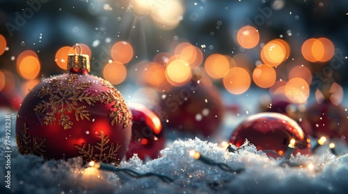 Group of Red Christmas Ornaments on Snow-Covered Ground