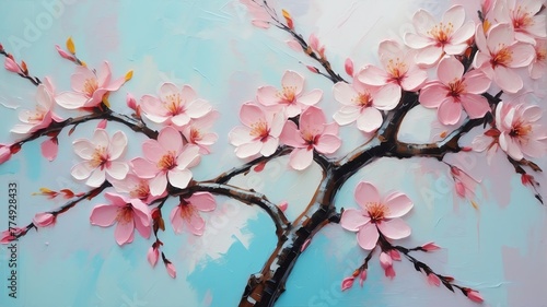 cherry blossom flower close-up pastel oil pallet knife paint painting on canvas with large brush strokes modern art illustration abstract from Generative AI