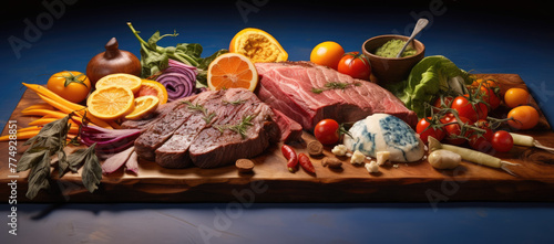 Wooden cutting board with meat and vegetables