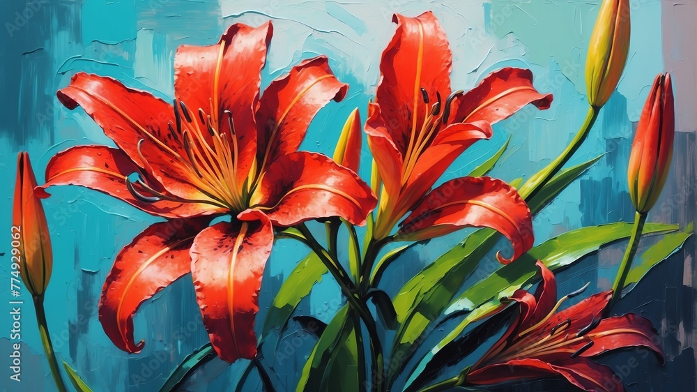 red lily flower close-up pastel oil pallet knife paint painting on canvas with large brush strokes modern art illustration abstract from Generative AI
