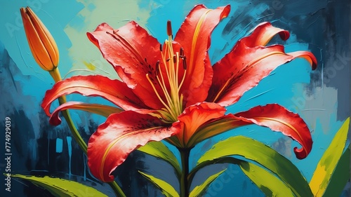 red lily flower close-up pastel oil pallet knife paint painting on canvas with large brush strokes modern art illustration abstract from Generative AI