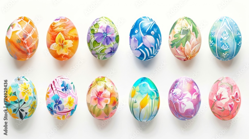 Collection of colourful hand painted decorated easter eggs on white background cutout file. Pattern and floral set. Many different design. Mockup template for artwork design Collection of colourful hand painted decorated easter eggs on white background cutout file. Pattern and floral set. Many different design. Mockup template for artwork design