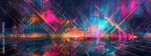 Glowing geometric shapes interlaced with neon lights set against a futuristic scenery, emanating vibrant energy and movement.