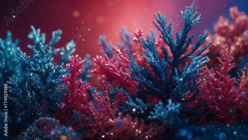 Abstract glitter coral, indigo, magenta lights background. De-focused. Banner.
