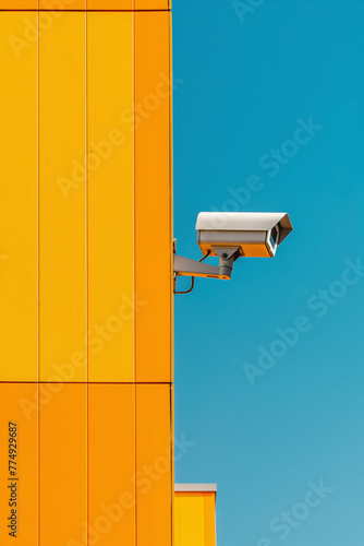 Surveillance wifi camera in a residential area. Blue and Yellow. Outdoor IP CCTV monitoring system for safety and security