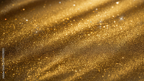 A close-up detailed view of a glittering golden surface that is filled with sparkling reflections and exciting illusions of bokeh. The overall effect creates an abstract yet resplendent backdrop,...