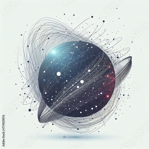 An abstract spherical illustration is showcased featuring dynamic lines and dots located on a light background. The design appears to imply the concept of motion or connectivity. photo