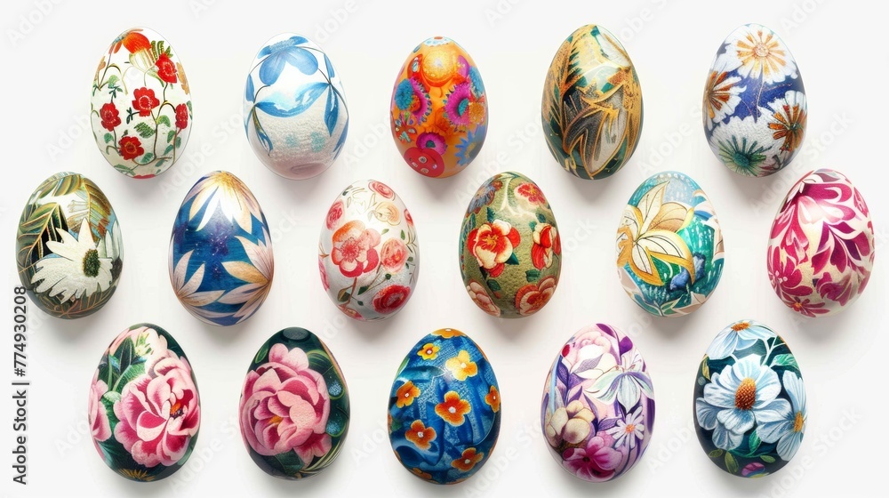 Collection of colourful hand painted decorated easter eggs on white background cutout file. Pattern and floral set. Many different design. Mockup template for artwork design Collection of colourful hand painted decorated easter eggs on white background cutout file. Pattern and floral set. Many different design. Mockup template for artwork design