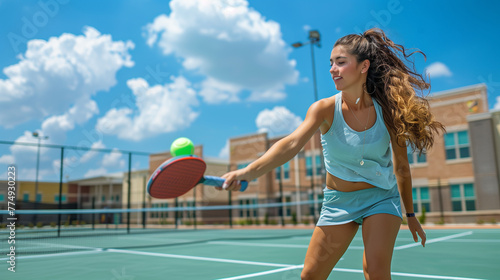 Young woman playing pickle ball at the outdoor pickle ball court. © rabia