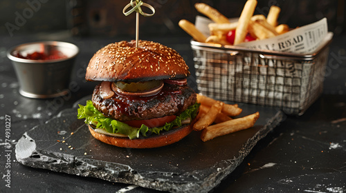 Luxurious Cheeseburger on Brioche Bun with Crispy Fries in Moody Tavern Setting,Hamburger whit meat, lettuce, tomato and and French fries on wooden table
 photo