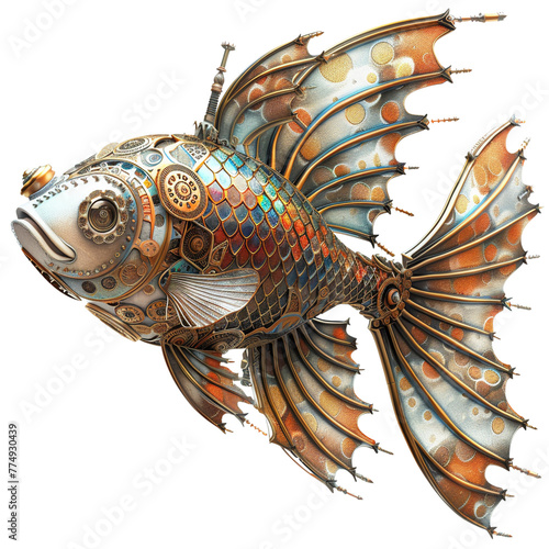 A captivating steampunk fish with clockwork fins and intricate gear patterns along its scales, swimming against a clean white backdrop