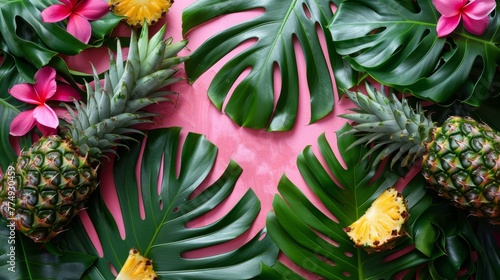 A bunch of tropical leaves and pineapples on a pink background, AI © starush