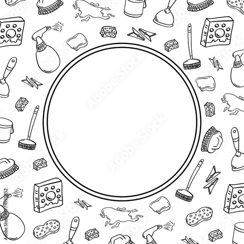 circle frame of home cleaning equipment in hand drawn style