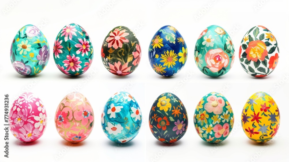 Collection of colourful hand painted decorated easter eggs on white background cutout file. Pattern and floral set. Many different design. Mockup template for artwork design Collection of colourful hand painted decorated easter eggs on white background cutout file. Pattern and floral set. Many different design. Mockup template for artwork design