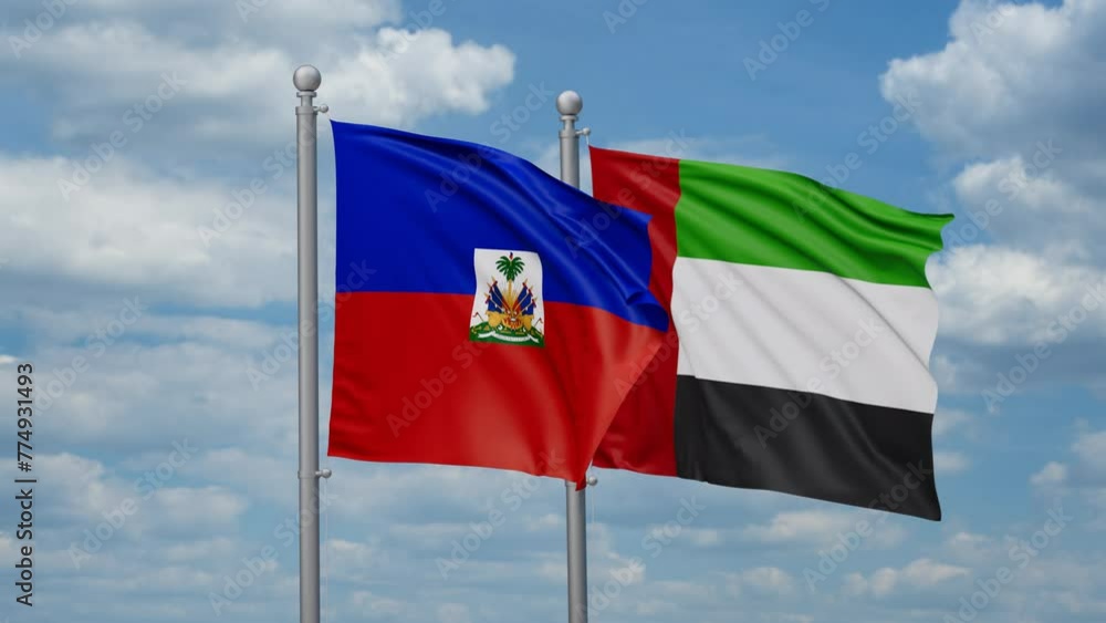 United Arab Emirates and Haiti two flags waving together, looped video, two country cooperation concept United Arab Emirates and Haiti two flags waving together, looped video, two country cooperation concept