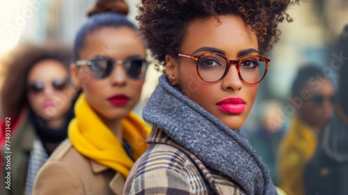 A group of women wearing glasses and scarves are standing in a line, AI photo