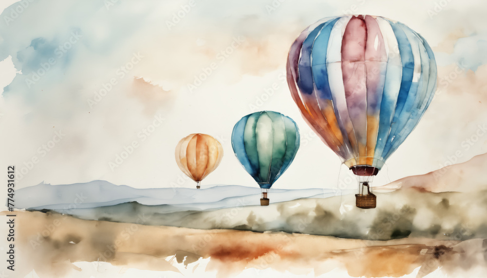 Fototapeta premium Tranquil Scene of Hot Air Balloons over Plains Watercolor Art