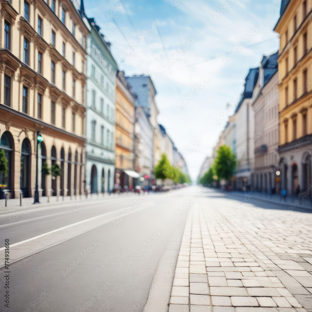 Blurred background of a city street without cars in perspective. Layout for design.