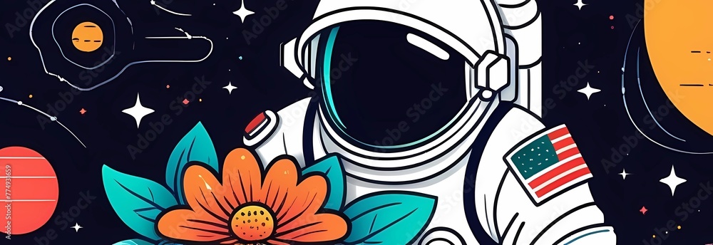 Fototapeta premium Banner for Cosmonautics Day. Astronaut in a spacesuit with flowers on a black background