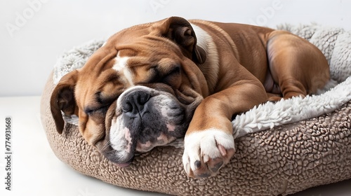 Bulldog sleeping in a Fluffy Bed