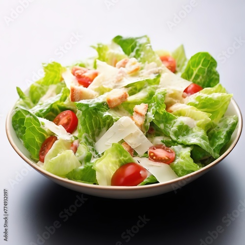 Caesar salad on a white plate. minimalistic dish presentation