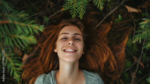 Mulher feliz deitada no chão da floresta visto de cima  photo