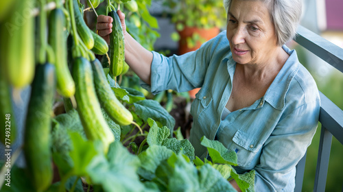Mulher sénior cultivando pepinos em sua varanda   photo