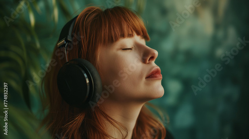 Mulher pensativa escutando musicas com um headphone