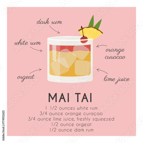 Mai Tai Cocktail garnish with pineapple slice and cherry. Classic alcoholic beverage recipe with ingredients. Summer aperitif square poster. Minimalist banner with alcoholic drink. Vector illustration
