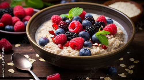 Organic oatmeal bowl close up of healthy vegetarian meal preparation 