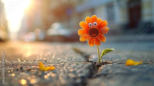 an anthropomorphic flower with a cute face bursting through a crack in a sidewalk to yawn and stretch in the bright morning sunlight photo